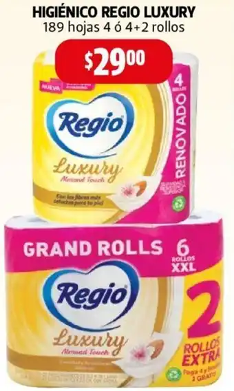 Farmacias Guadalajara Higiénico Regio Luxury 189 Hojas 4 ó 4+2 Rollos oferta