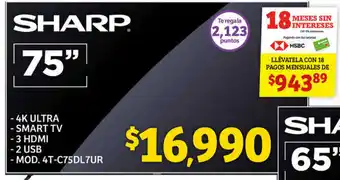Soriana Híper Sharp 4K Ultra Smart TV 3 HDMI 2 USB 75" oferta