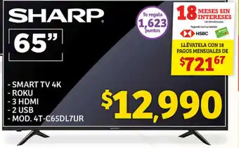 Soriana Híper Sharp Smart TV 4K Roku 3 HDMI 2 USB 65" oferta
