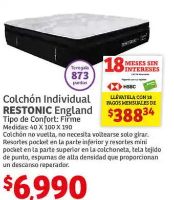 Soriana Híper Colchón Individual Restonic England 40 x 100 x 190 oferta