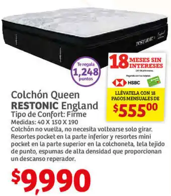 Colchón Queen Restonic England 40 x 150 x 190