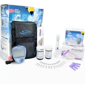 Kit de glucómetro eclipse/glucolab - con glucómetro, 50 tiras reactivas, 100 lancetas, puncionador, estuche