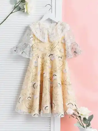 SHEIN Shein vestido con bordado floral de manga con volante de malla flor chica oferta