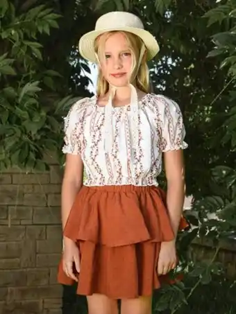 SHEIN Shein niñas con bordado floral de manga farol blusa & bajo a capas falda oferta