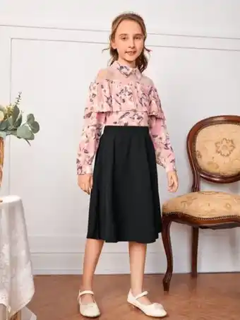SHEIN Shein niñas conjunto falda con top de yugo de malla con estampado floral oferta