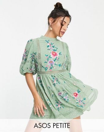 ASOS Asos design petite high neck dobby embroidered mini dress with lace trims in sage green oferta