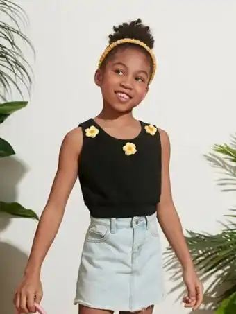 SHEIN Shein niñas top de punto tejido de canalé aplique floral oferta