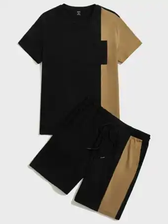 SHEIN Shein hombres conjunto camiseta de color combinado con parche con bolsillo & shorts deportivos de cintura con cordón oferta