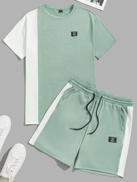 Shein hombres conjunto camiseta de color combinado con parche de