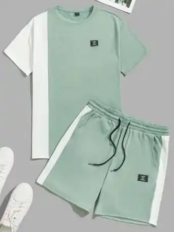 SHEIN Shein hombres conjunto camiseta de color combinado con parche de letra & shorts deportivos de cintura con cordón oferta