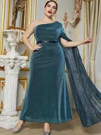SHEIN Vestido de fiesta de un hombro mangas extra largas brillante oferta