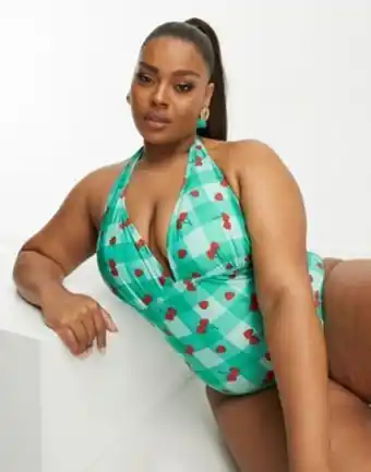 ASOS Brave soul plus triangle halter swimsuit in light green cherry check print oferta