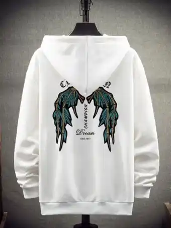 SHEIN Hombres capucha térmica con estampado de alas y letra con bolsillo de canguro con cordón oferta