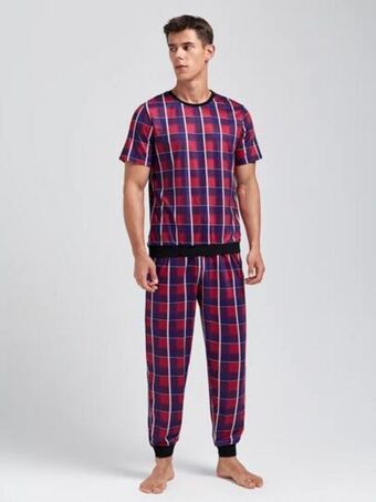 SHEIN Hombres conjunto de pijama con estampado de cuadros oferta