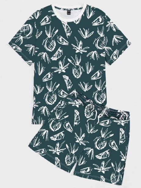 SHEIN Shein hombres camiseta con estampado tropical & shorts de cintura con cordón oferta