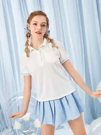 SHEIN Romwe kawaii camiseta unido en contraste con parche de bolsillo de cuello polo oferta