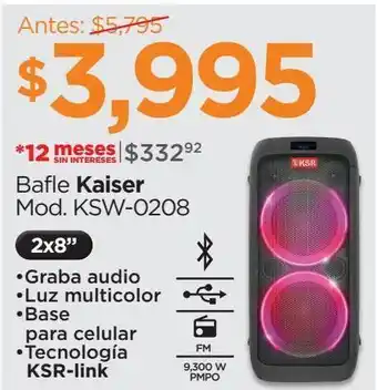 Chedraui Bafle kaiser recargable 2 x 8 pulgadas negro ksw-0208 oferta