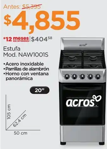 Chedraui Estufa de piso acros gas 20 pulgadas acero inoxidable naw1001s oferta