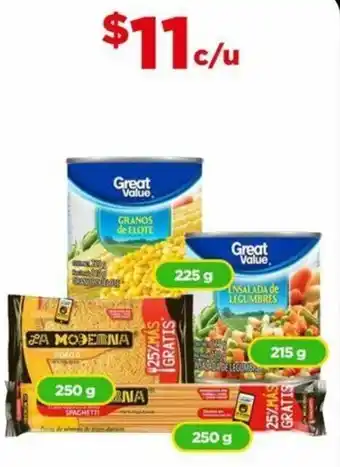 Bodega Aurrerá Great Value Granos de Elote 225g, Ensalada de Legumbres 215g / La Moderna Fideo 250g, Spaghetti 250g oferta