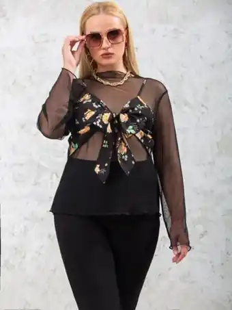 SHEIN Top de tirantes corto con nudo delantero con estampado floral con top de malla transparente oferta