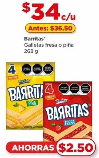 Bodega Aurrerá Barritas Galletas Fresa o Piña 268g oferta