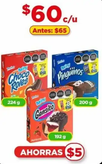 Bodega Aurrerá Marinela Minis Choco Roles 224g, Pingüinos 200g, Gansito192g oferta