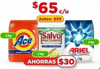 Bodega Aurrerá Detergentes en Polvo Ace, Salvo, Ariel 2kg oferta