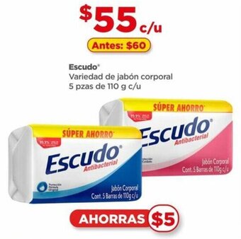 Bodega Aurrerá Escudo Variedad de Jabón Corporal 5 pzas de 110g oferta