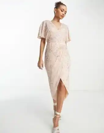 ASOS Beauut bridesmaid allover embellished wrap midi dress in pink oferta