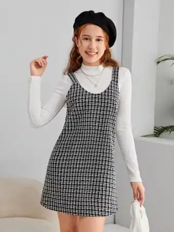 SHEIN Shein chicas adolescentes camiseta de cuello alto & vestido de cuadros oferta