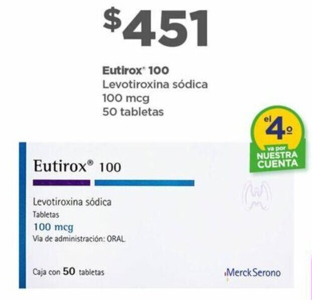 Eutirox 100 Levotiroxina Sódica 100mcg 50 Tabletas Oferta En Bodega Aurrerá