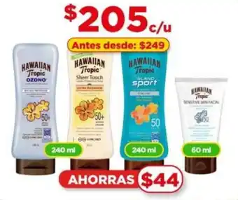 Bodega Aurrerá Hawaiian Tropic Ozono 240ml/ Sheer Touch 240ml, Island Sport 240ml, Sensitive Skin Facial 60ml oferta