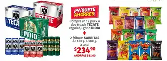 Soriana Híper Compra un 12 pack o dos 6 pack TECATE regular, Light o INDIO + 2 Frituras SABRITAS de 160g a 180g oferta