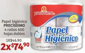 Soriana Híper Precíssimo Higiénico 4 Rollos 600 Hojas Dobles oferta