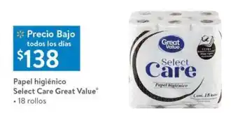 Walmart Papel Higiénico Select Care Great Value 18 rollos oferta