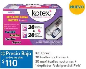 Walmart Kit Kotex 30 Toallas Nocturnas + 20 Maxi Toallas Nocturnas + 1 Depilador Facial Portátil Pink oferta
