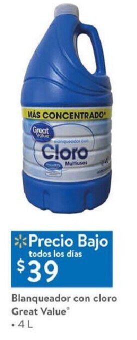 Walmart Blanqueador con Cloro Great Value 4L oferta