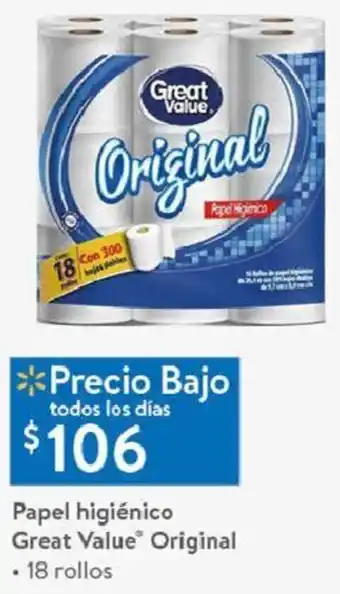 Walmart Papel Higiénico Great Value Original 18 Rollos oferta