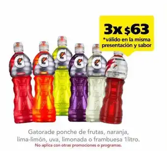Gatorade ponche de frutas, naranja, lima-limón, uva, limonada o frambuesa 1litro.