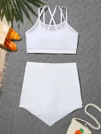 SHEIN Chicas adolescentes bañador bikini unicolor con tira cruzada oferta