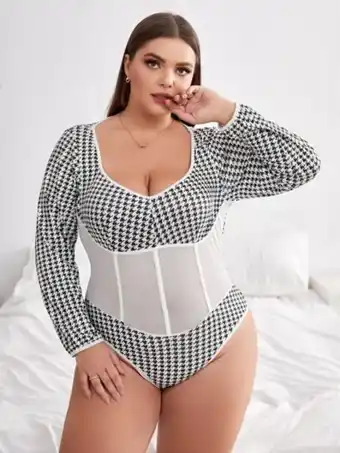 SHEIN Body teddy de pata de gallo de malla en contraste oferta