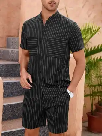 SHEIN Shein hombres con estampado de rayas camisa & de cintura con cordón shorts oferta