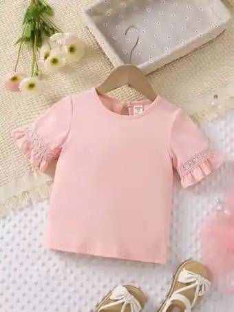 Niñas camiseta con encaje en contraste de manga con volante de espalda con abertura de ojo