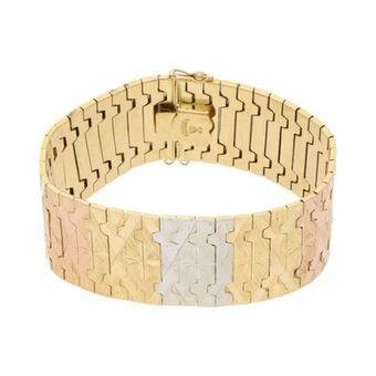 Nacional Monte de Piedad Pulsera eslabón articulado labrado en oro tres tonos 18 kilates. oferta