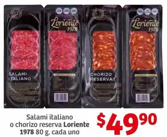 Soriana Híper Salami Italiano o Chorizo Reserva Loriente 1978 80g oferta