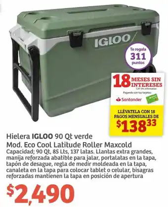 Igloo Hielera 90 Qt Verde Mod. Eco Cool Latitude Roller Maxcold