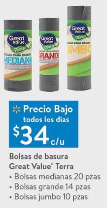 Walmart Bolsas de Basura Great Value Terra 20pzas oferta
