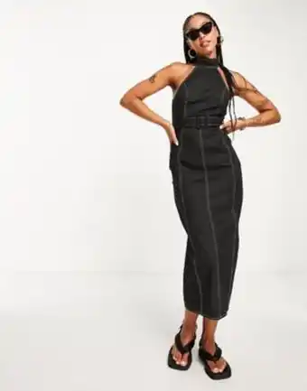 ASOS Asos design belted halter twill midi dress in black with contrast detail oferta