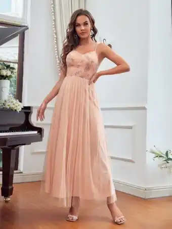 SHEIN Shein belle vestido de dama de honor de tirantes con bordado floral con diamante de imitación de malla oferta