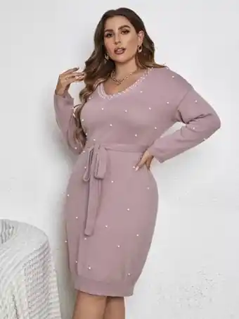 SHEIN Shein modely vestido de punto con cuenta de perla de hombros caídos con cinturón oferta
